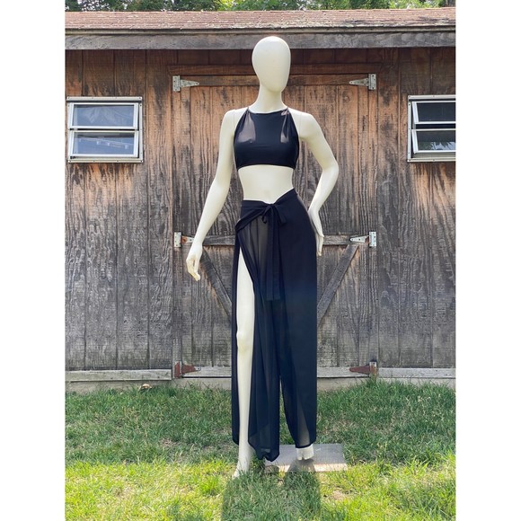 Black Wrap Pants, Summer Beach Pants, Wide Leg Pants, Loose Fit Side Slit Pants - Picture 1 of 6